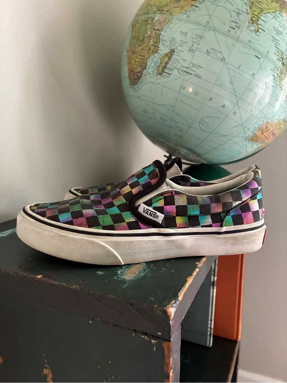 Vans Iridescent Rainbow Checkered Slip On Tennis Shoes Kids Size 2